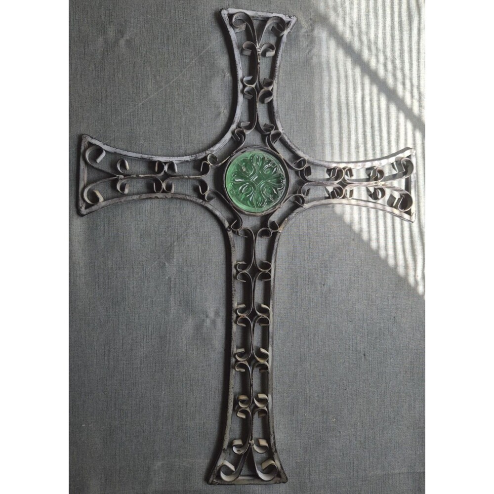 Vintage Wrought Iron Wall Cross 18" Gothic Scrollwork Green Resin Emblem Decor